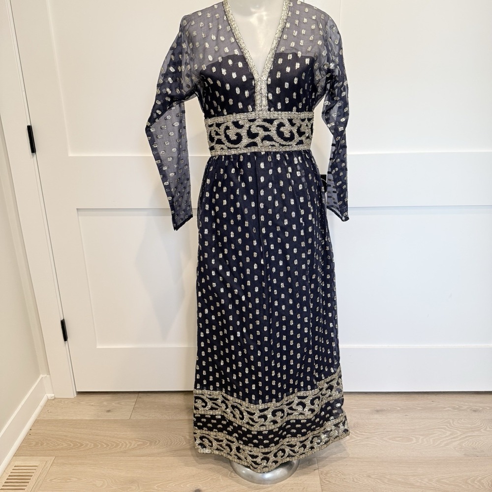 Vintage 70s Romantica Victor Costa Navy Metallic Maxi Dress Bohemian Glam USA